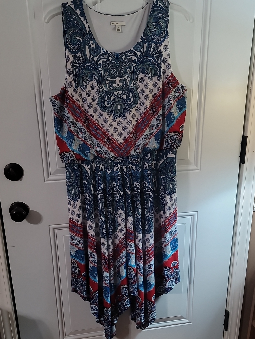 Sleeveless Paisley Sharktail Hem Dress in Blue & Red